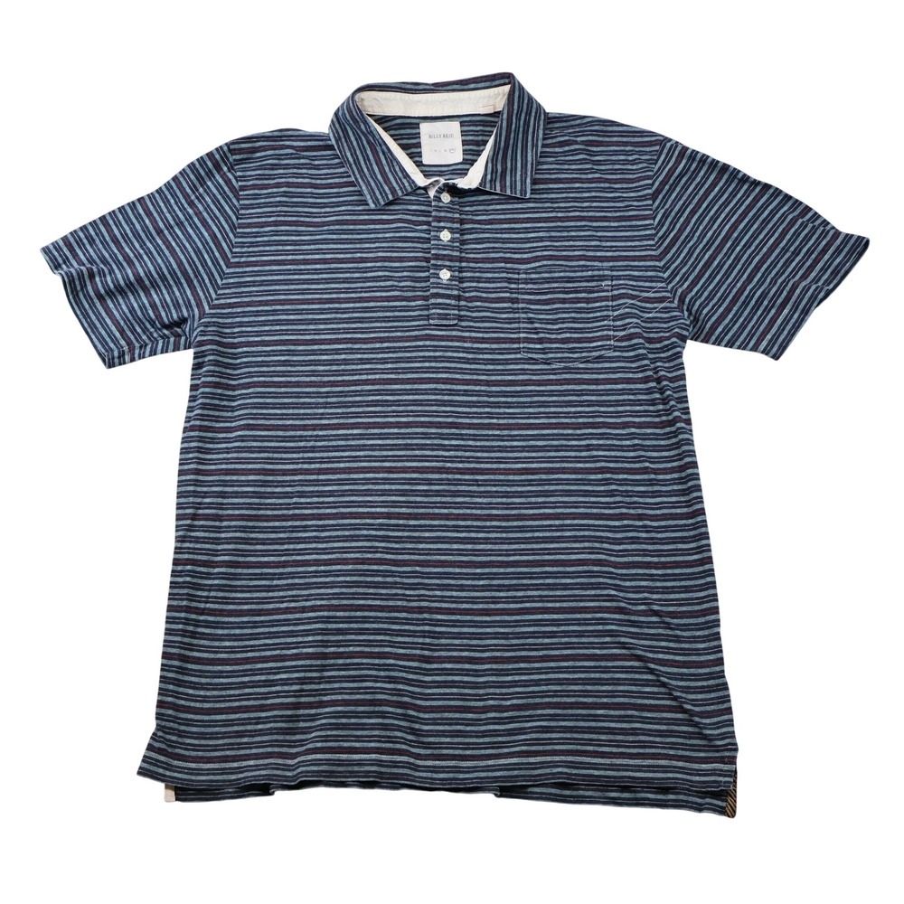 Billy Reid Mens XXL Polo Shirt Blue Striped Short Sleeve Chest Pocket Cotton